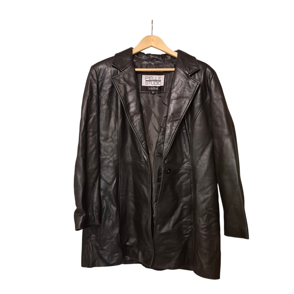 Pelle Studio Wilsons Leather Blazer Jacket Women XL Black Button Front Outerwear